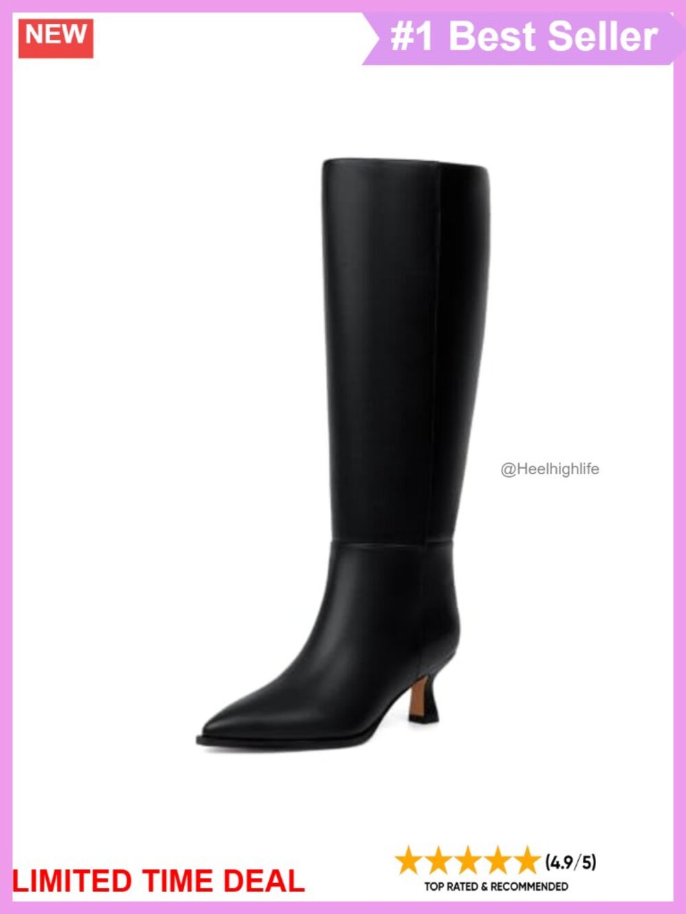 Kitten Heel Knee High Boots Faux Leather Pointed Toe Side Zip Womens